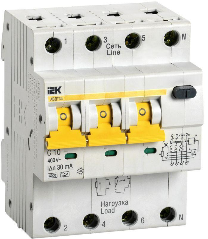 Выключатель автоматический дифференциального тока 4п (3P+N) C 10А 30мА тип A 6кА АВДТ-34 IEK MAD22-6-010-C-30 #1