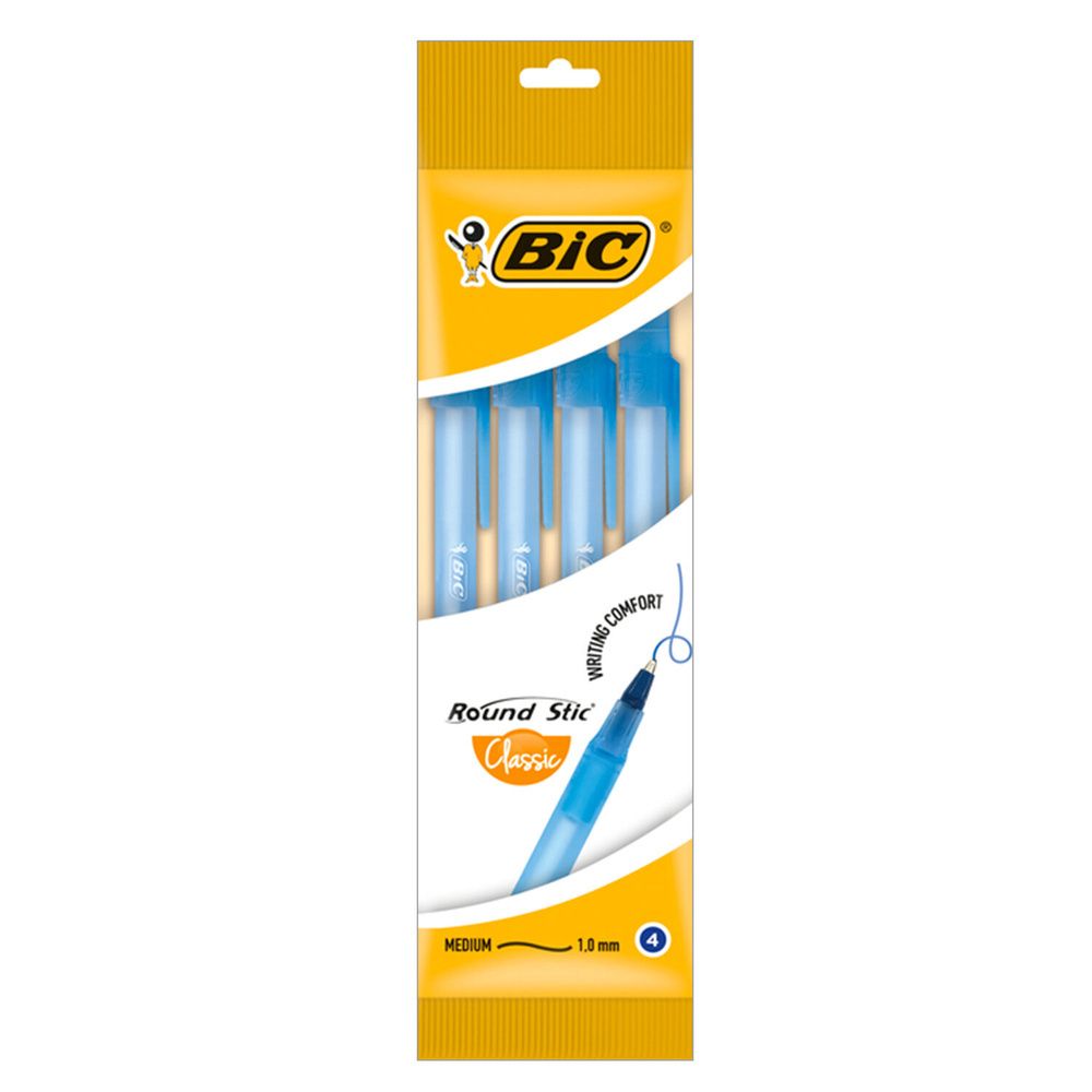 Ручки шариковые BIC "Round Stic", НАБОР 4 шт., СИНИЕ, узел 1 мм, линия письма 0,32 мм, пакет. 20 ед. #1