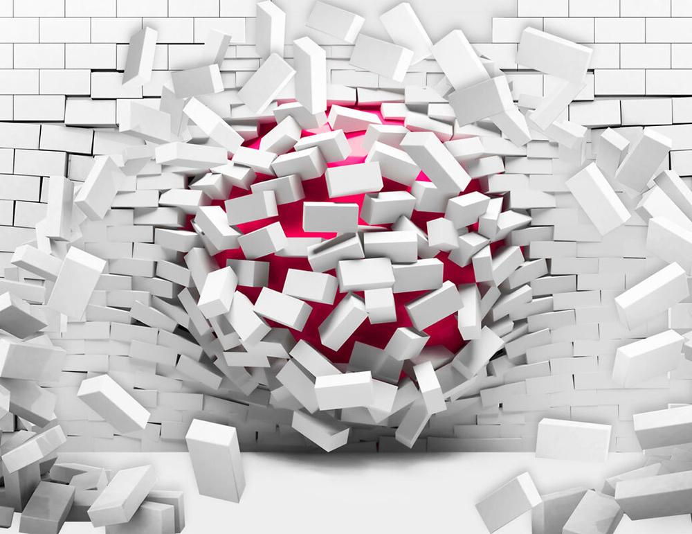 Моющиеся виниловые фотообои Разломанная стена из белого кирпича 3D ...