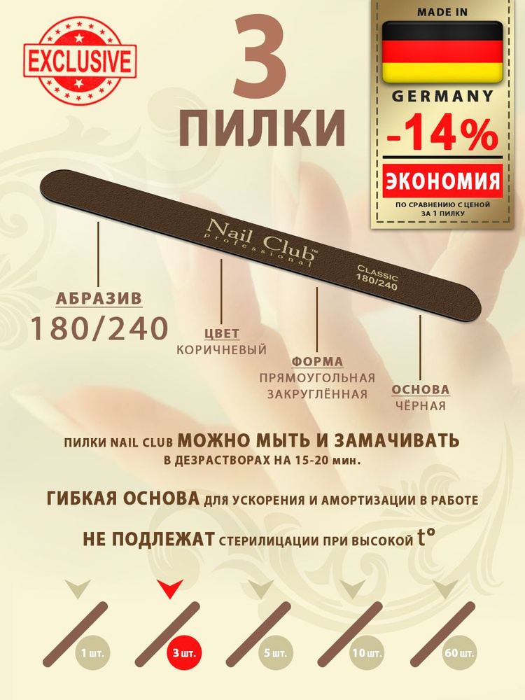 Nail Club professional Маникюрная пилка для опила ногтей коричневая, серия Classic, форма узкая прямая, #1