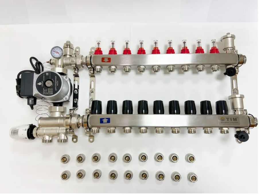 Комплект для водяного теплого пола с насосом, коллектором на 9 выхода с расходомерами, смесительным узлом, #1