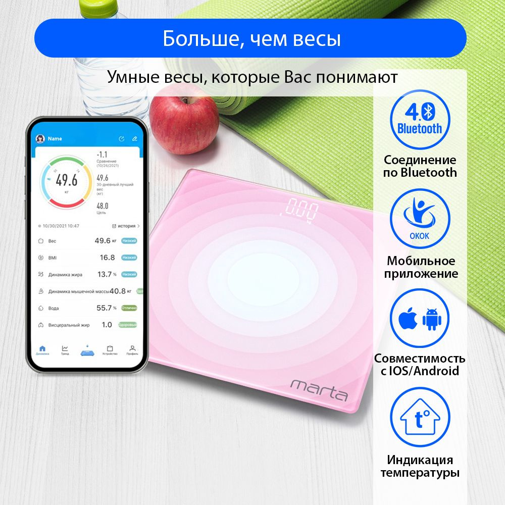 Весы напольные электронные MARTA MT-SC3603 с синхронизацией IOS и ANDROID  по Bluetooth, умные весы, розовый весы