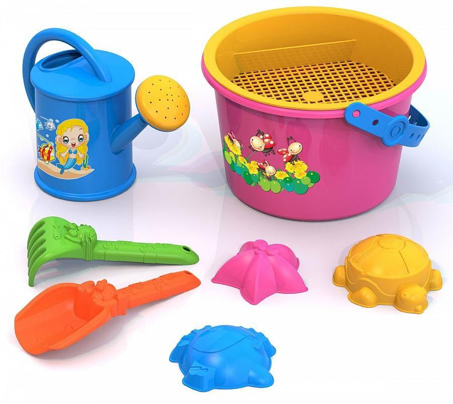 Набор для песка №27(ведро развивайка, сито, грабли, совочек, формочки ...