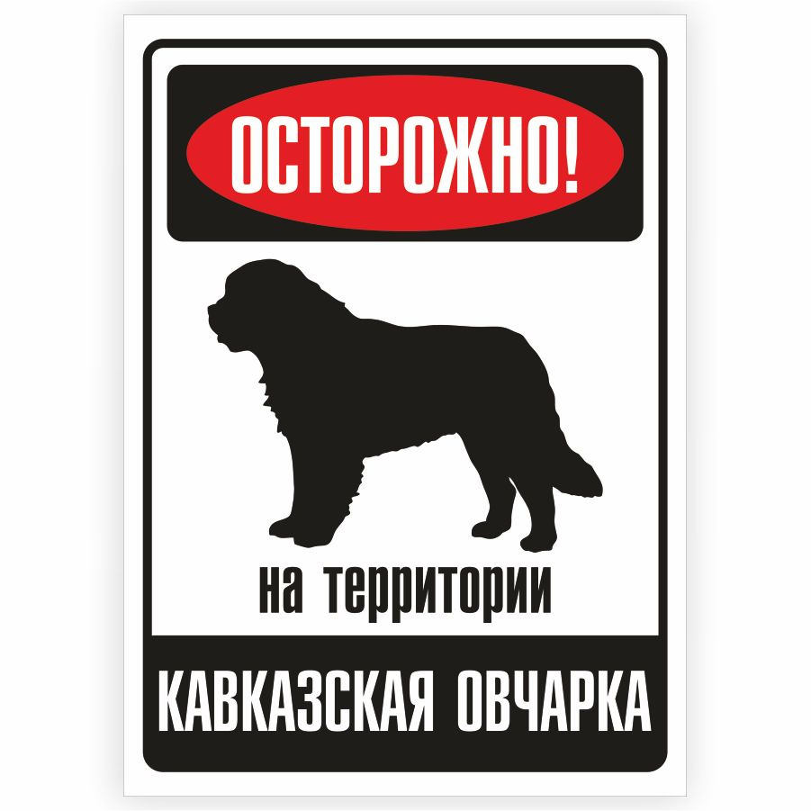 Табличка, металлическая, DANGER DOG, Осторожно! На территории Кавказская  овчарка, 18x25 см