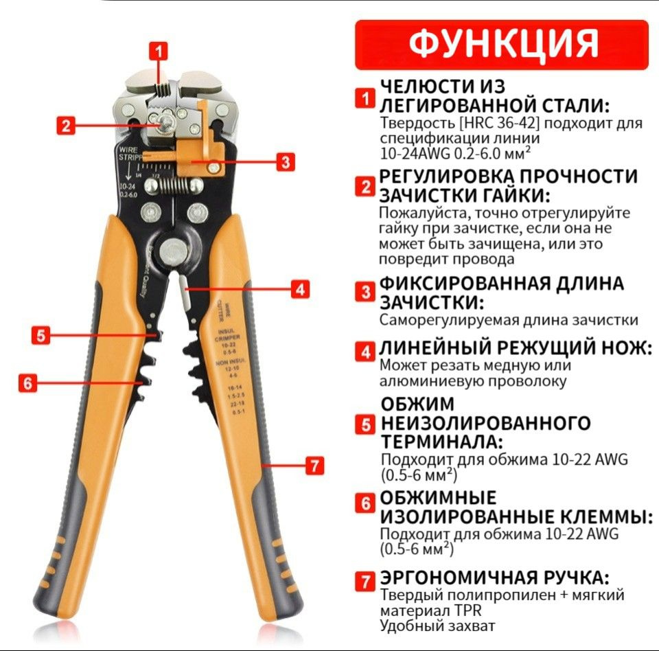 Плоскогубцы для зачистки электропроводов (стриппер) YEFYM, 0.2-6 кв.мм ...