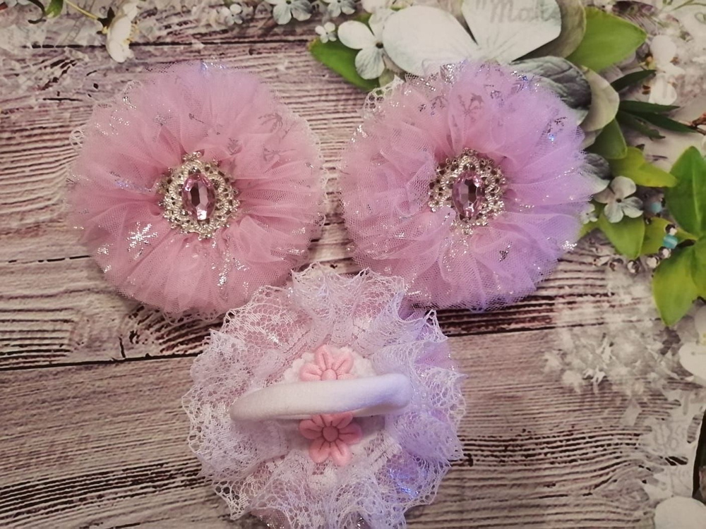 Бантики НОВОГОДНИЕ розовые с ювелирной серединкой для девочки на резинке  #1
