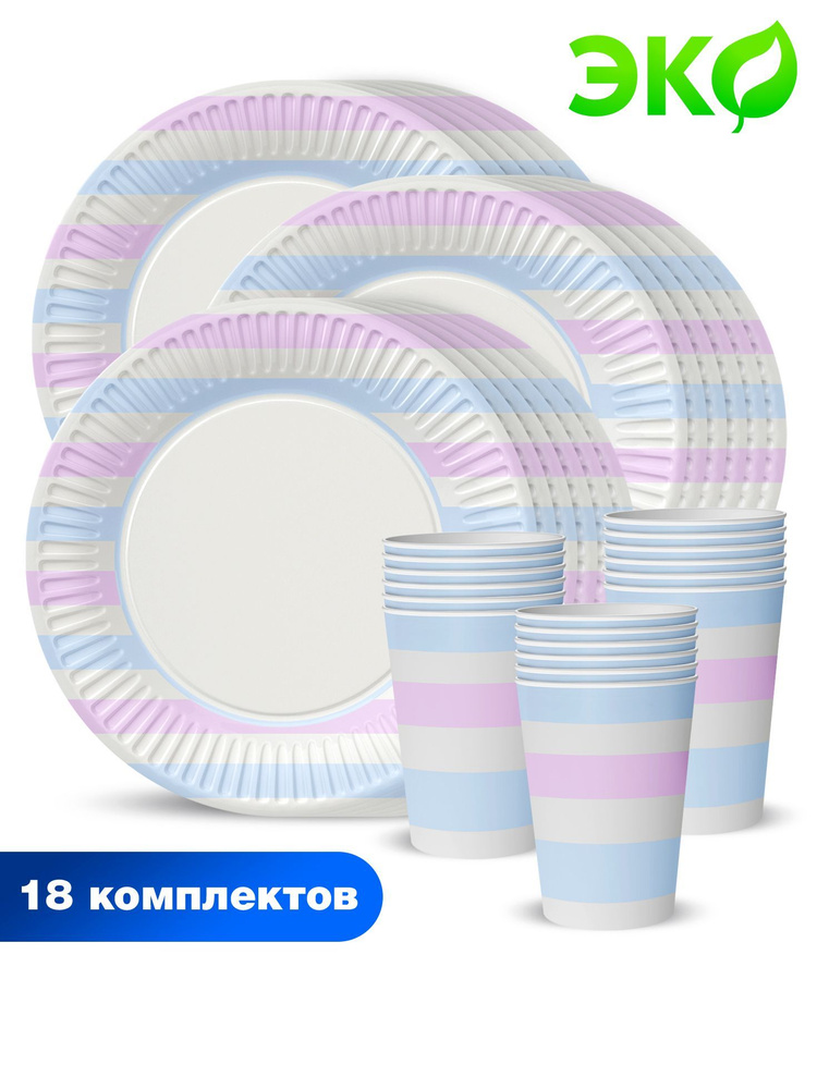 Набор одноразовой бумажной посуды для праздника ND Play / Пастель (тарелка 23 см, стаканы, по 18 шт.), #1