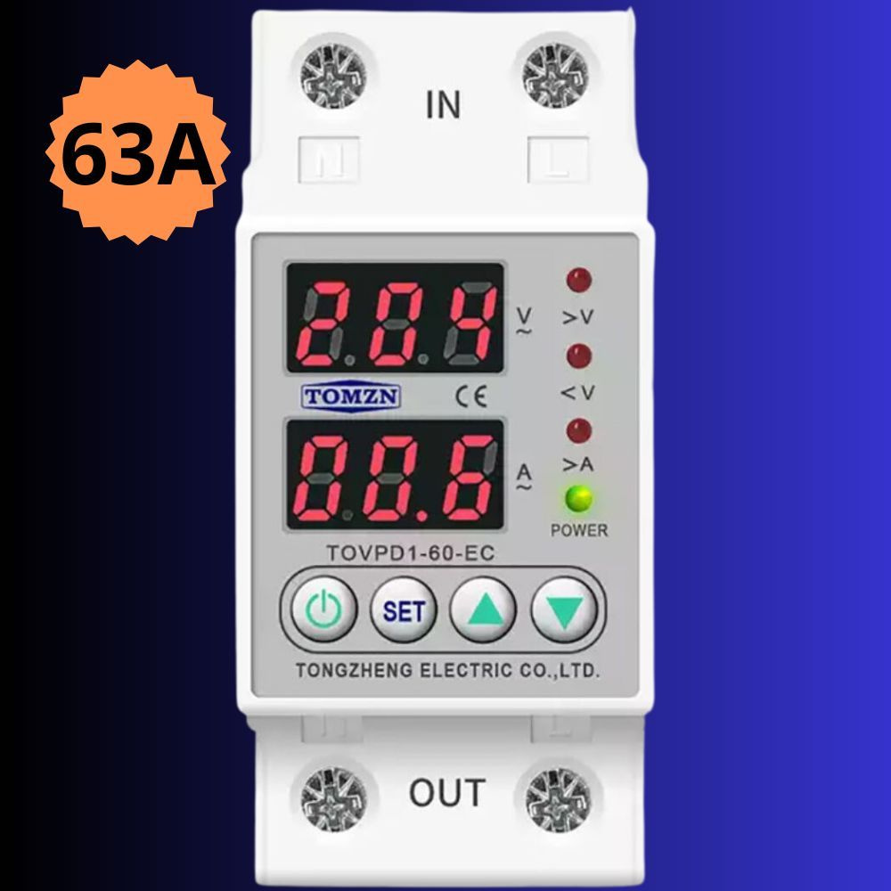 Реле контроля напряжения 63А однофазное с защитой от перегрузки по току ...