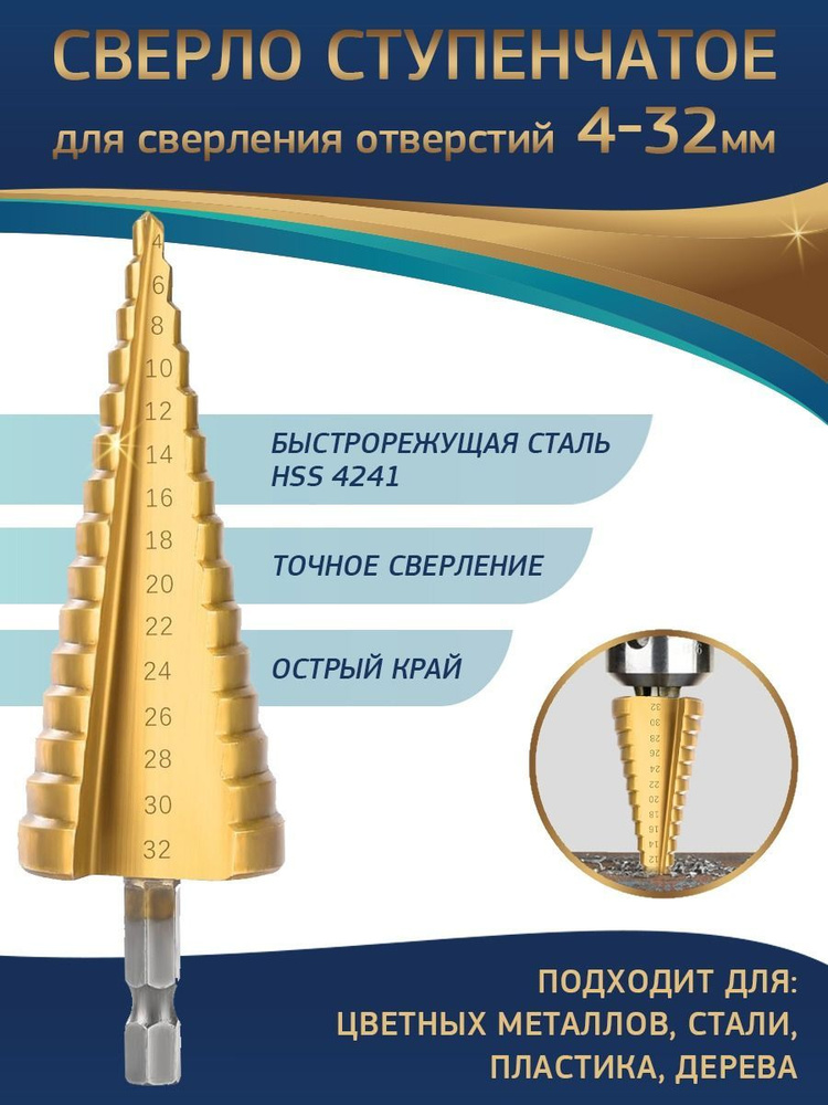 Сверло ступенчатое по металлу HSS 4-32мм/ шаг 2мм #1