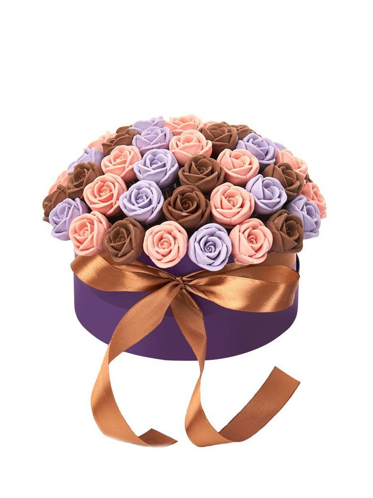 51 сладкая съедобная роза CHOCO STORY в Шляпной коробке: Розовый, Фиолетовый и Шоколадный Бельгийский #1