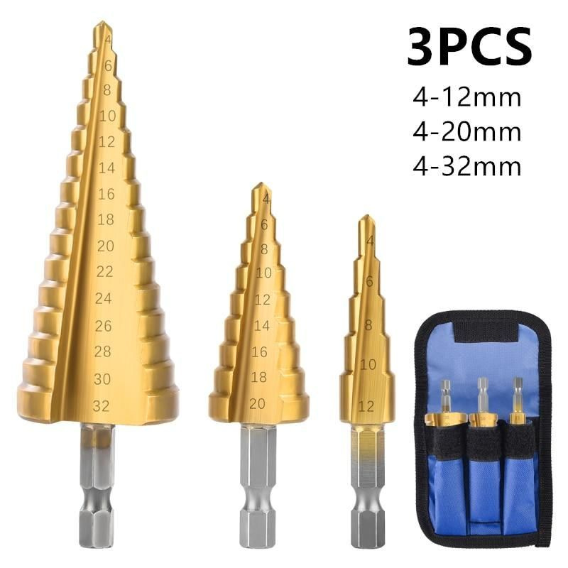 Набор ступенчатых свёрл 3шт. Конусное сверло елочка 4-32мм.; 4-20мм.; 4-12мм.  #1