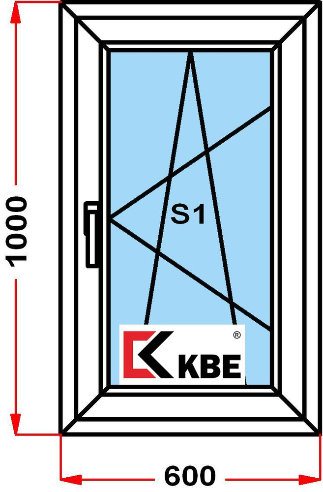 Окно пластиковое KBE 58 мм, (1000 x 600), стеклопакет из 2х стекол, с поворотно-откидной створкой  #1