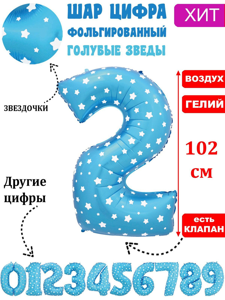 Воздушный шар цифра 2 голубой со звездами 102 см #1