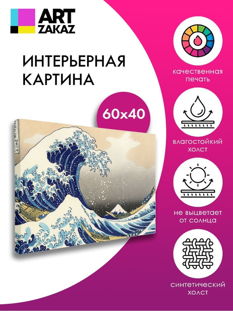 АртЗаказ Картина ""Большая волна в Канагаве" Хокусай,60х40см", 60 х 40 см  #1