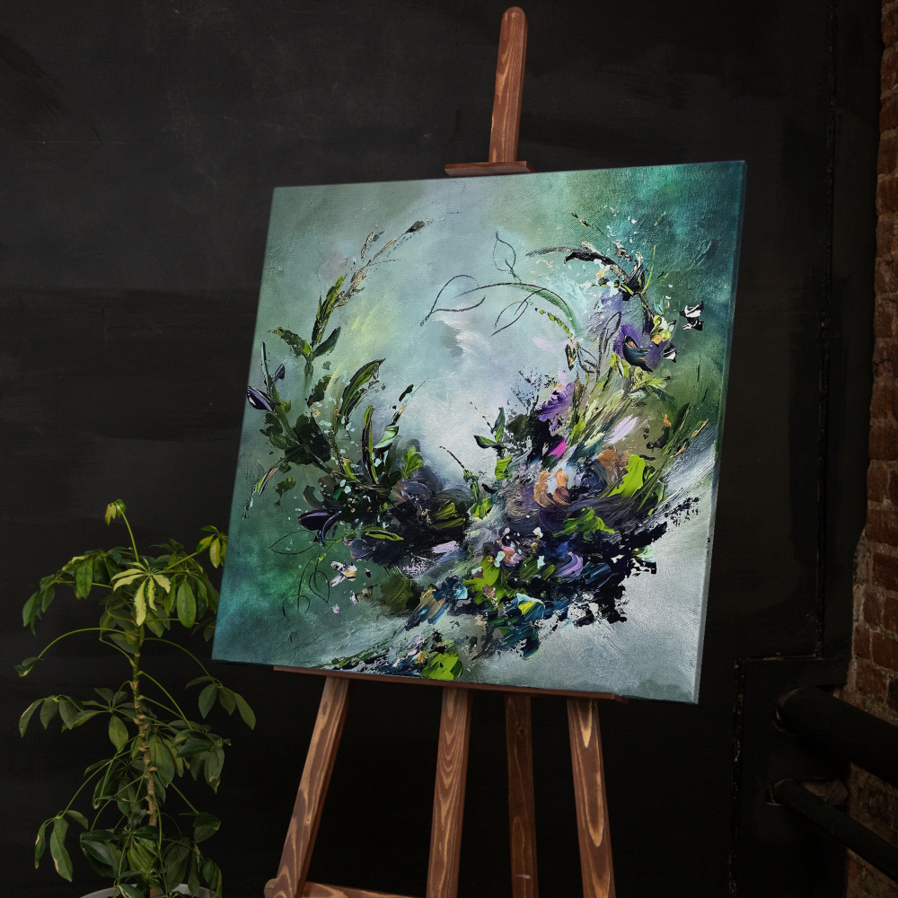Картина "Зеленые цветы. Живопись" на холсте / абстракция для интерьера ...