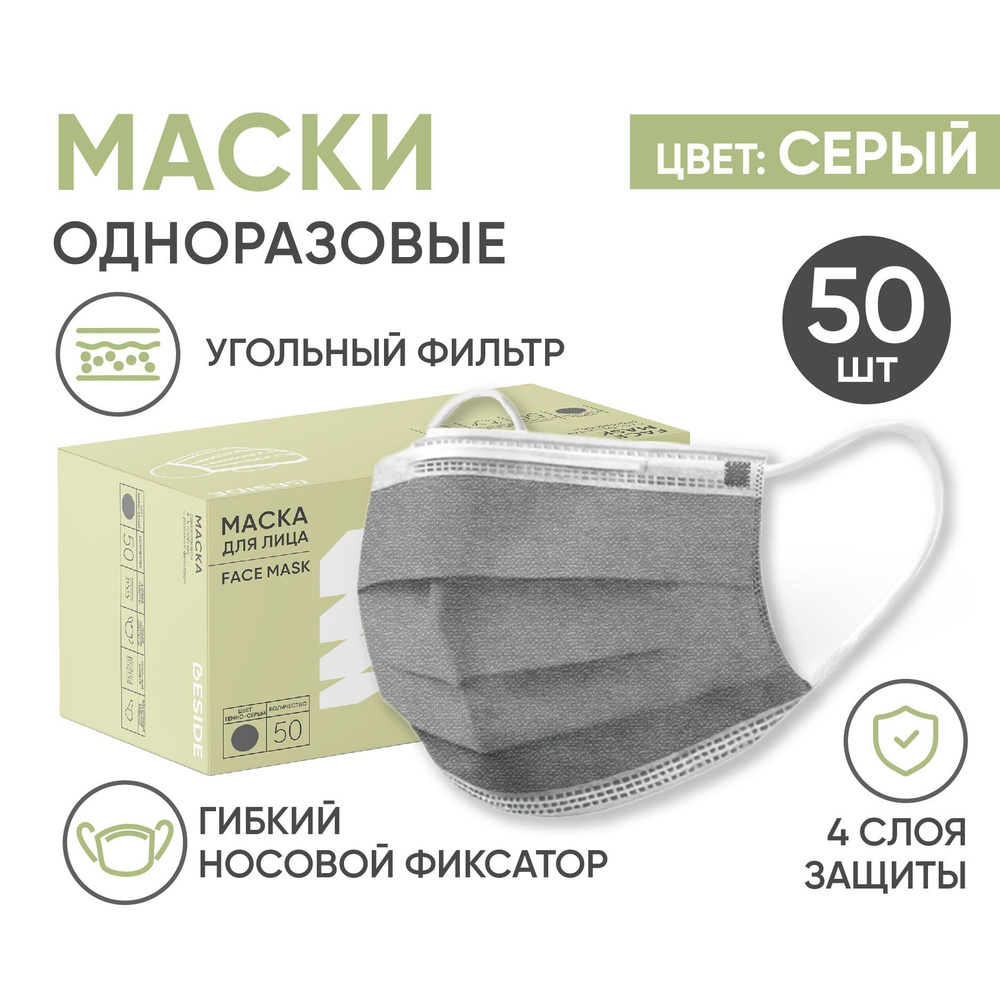 Маски медицинские одноразовые для лица BESIDE, серые, 50 шт с УГОЛЬНЫМ ...