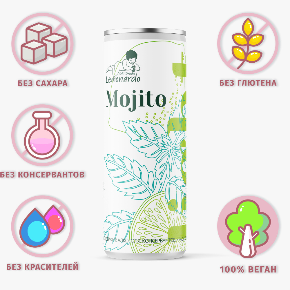 Натуральный безалкогольный мохито со стевией / Lemonardo Mojito Light, алюминиевая банка 330мл.  #1