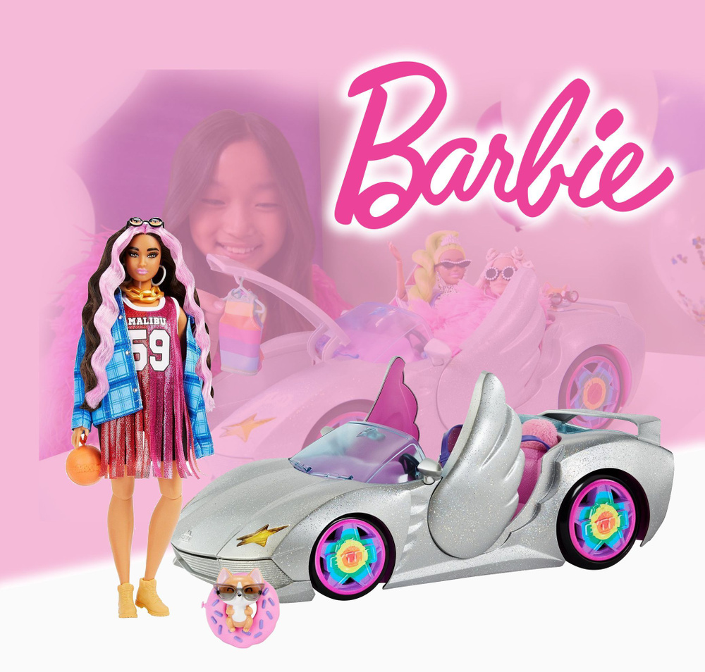 Игровой набор Кукла Barbie HDJ46 Extra Брюнетка с розовыми прядями и Машина  мечты Barbie Extra HDJ47