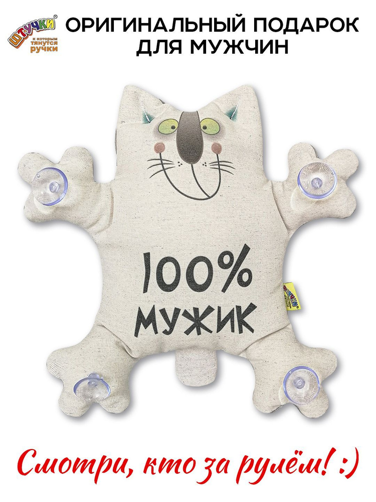 Мягкая игрушка в машину Кот "100% мужик", подарок мужчине #1