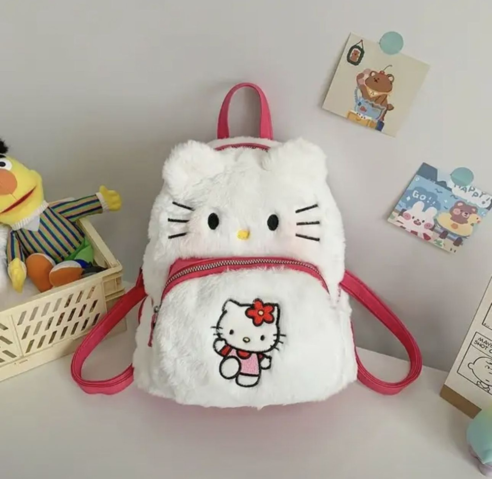 Рюкзак Hello Kitty для прогулок, подарок для девочек, меховой, пушистый  #1