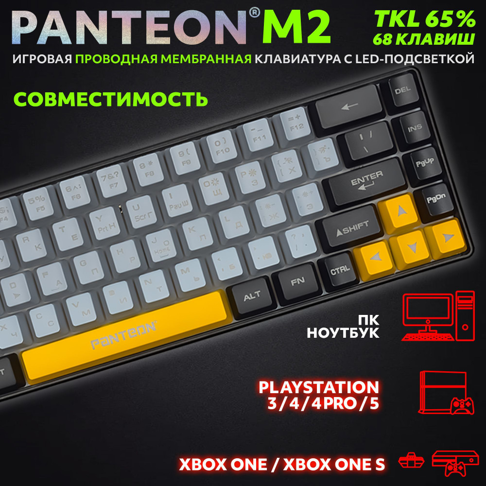 PANTEON M2 Grey-Black(03) Игровая мембранная TKL (65%) клавиатура с  LED-подсветкой MULTICOLOR (68 кл.,USB), цвет: серый-черный (03)