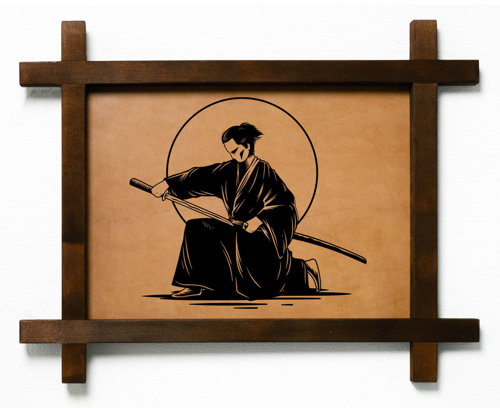 Картина Самурай 2, гравировка на натуральной коже, интерьерная для ...