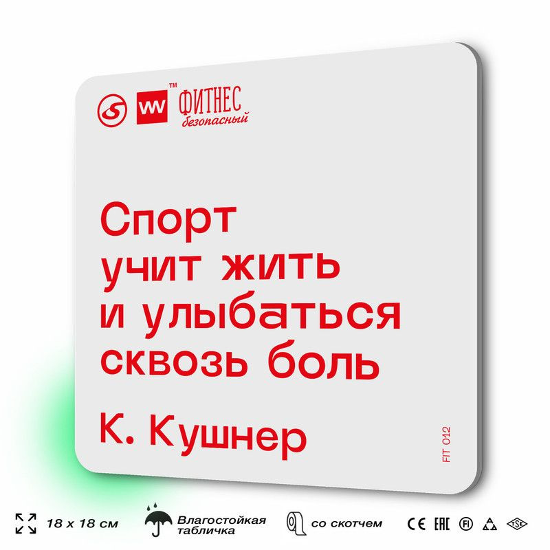 Табличка мотивационная с цитатой "Спорт учит жить и улыбаться сквозь боль" К. Кушнер, для тренажерного #1