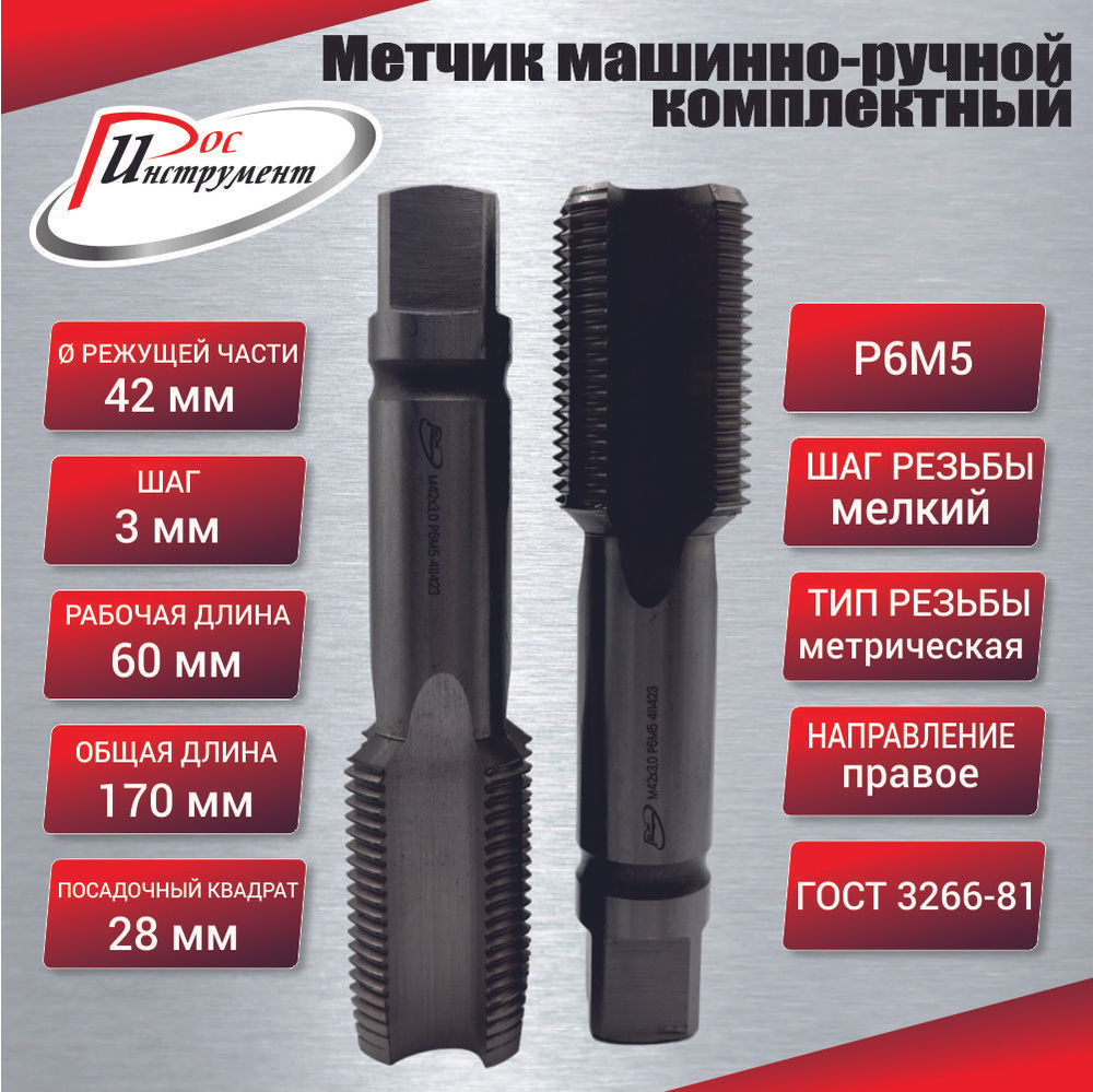 Метчик машинно-ручной М 42,0 х 3,0 комплектный 2 шт. ГОСТ 3266-81 Р6М5 #1