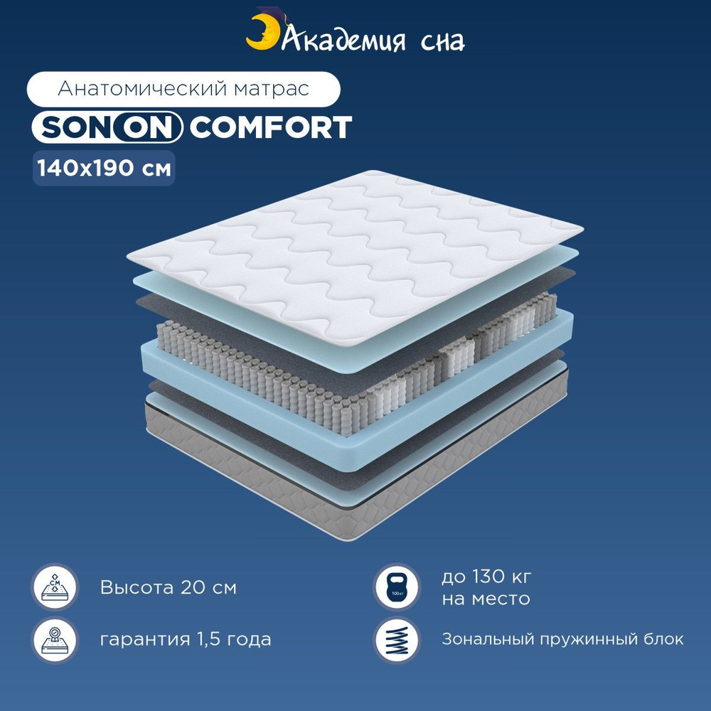 Матрас Академия сна SON-ON / Comfort / SON-ON Comfort / Комфорт /  ортопедический / Анатомический / Академия сна / двуспальный / Зональный  пружинный блок / 160х200 ортопедический / мебель / кровать с