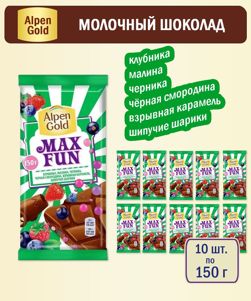 Шоколад Alpen Gold молочный Макс Фан Клубника, малина, черника, чёрная смородина, взрывная карамель, #1