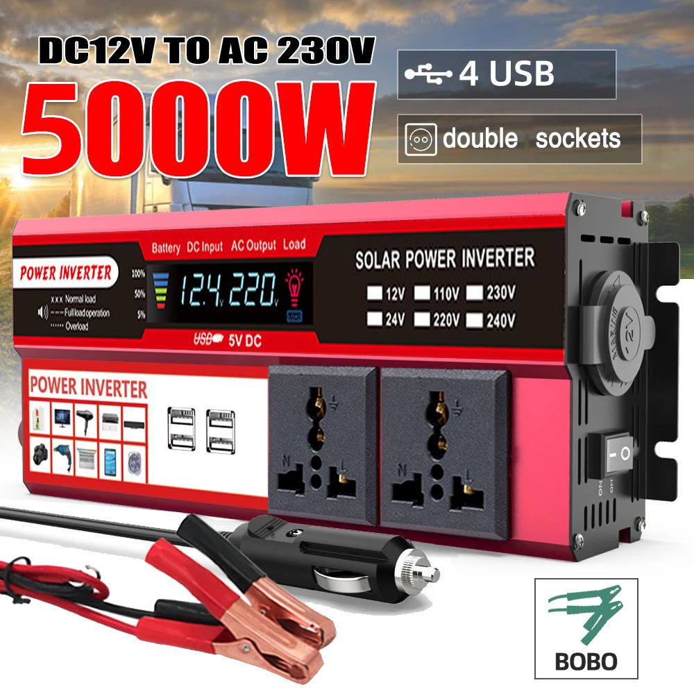 Автомобильный инвертор BOBO Power Inverter 5000 Вт. USB розетка в  автомобиль, с цифровым дисплеем Преобразователь напряжения 12В в 220В. 4  USB разъем купить по выгодной цене в интернет-магазине OZON (1227381410)