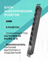 Hyperline sht19 8sh s iec блок розеток для 19 шкафов горизонтальный с выключателем с подсветкой