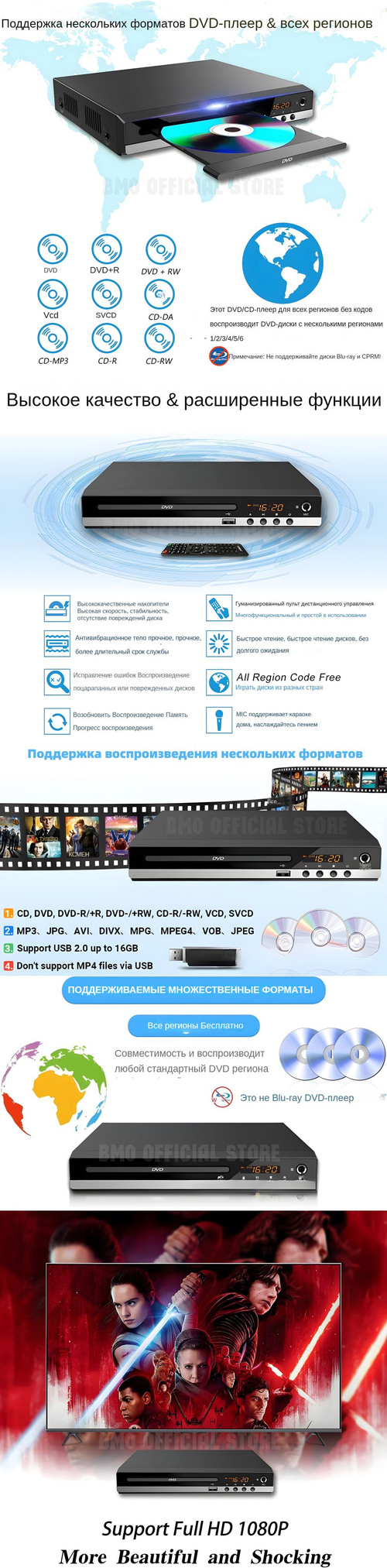 BMO-DVD-плеер, медиаплеер для VCD и CD дисков с HDMI и AV выходом,, USB и  микрофоном, полное HD 1080P,Поддержка караоке, домашний DVD-плеер в  мультимедийной коробке. - купить с доставкой по выгодным ценам в