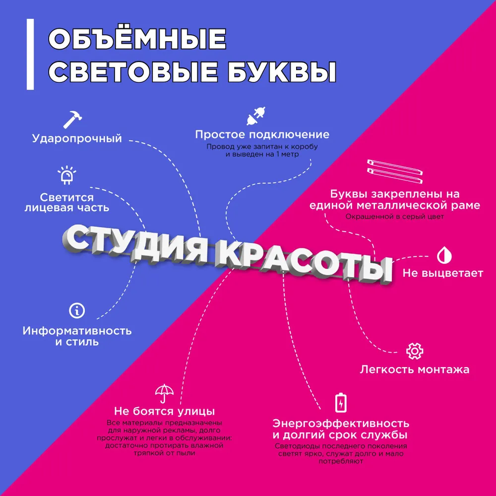 Световая вывеска "Студия красоты", объемные буквы, размер 214х15х6см, 214x15x6 см, фото 3