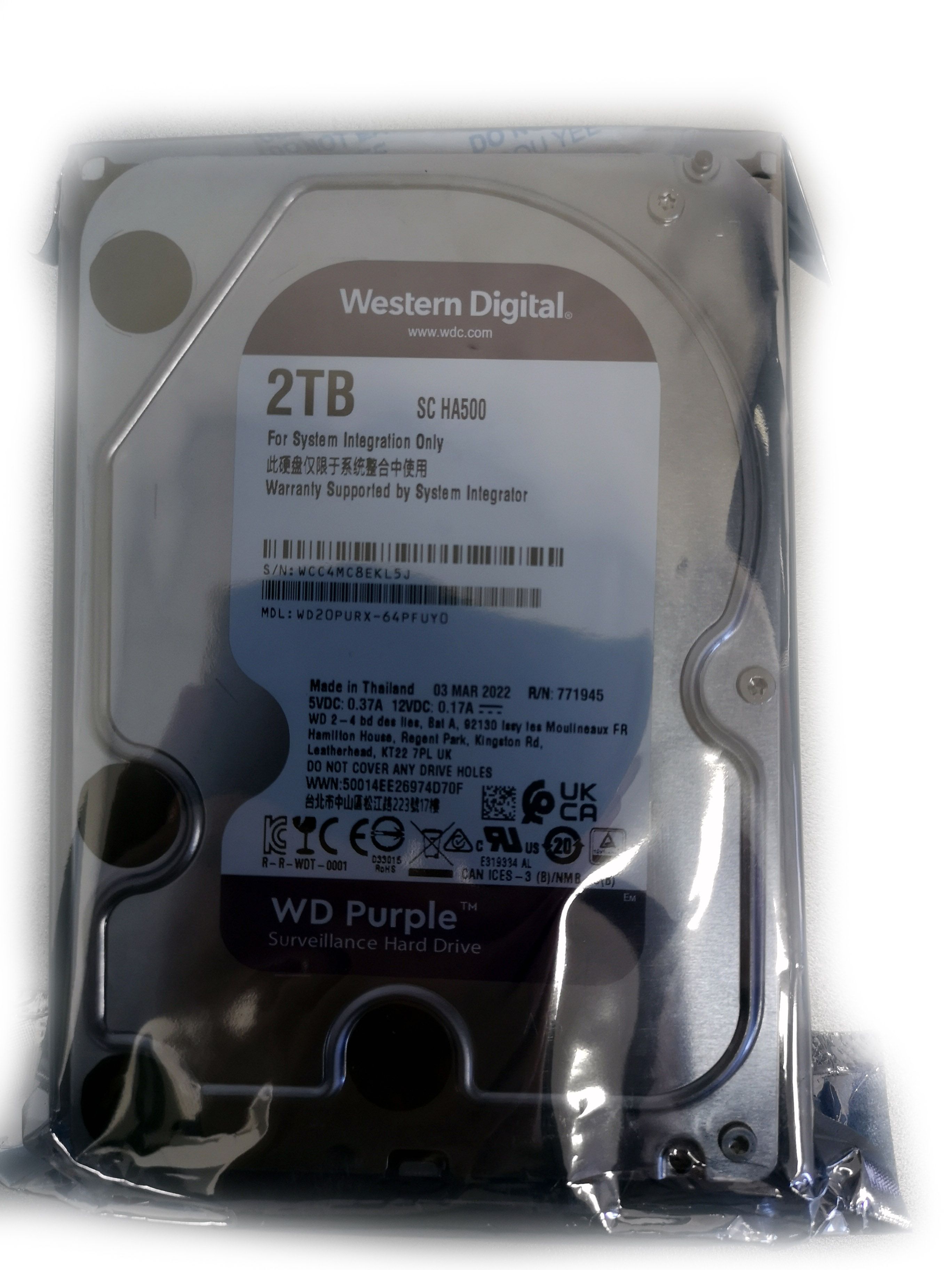 Накопитель HDD 2 Tb SATA-III WD PURPLE SC HA500 5400rpm 64MB, 3,5