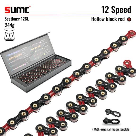Велосипедная цепь SUMC 12 speed SX12SL Black Red 1/2 Велосипедная цепь SUMC 12 speed SX12SL Black Red 1/2