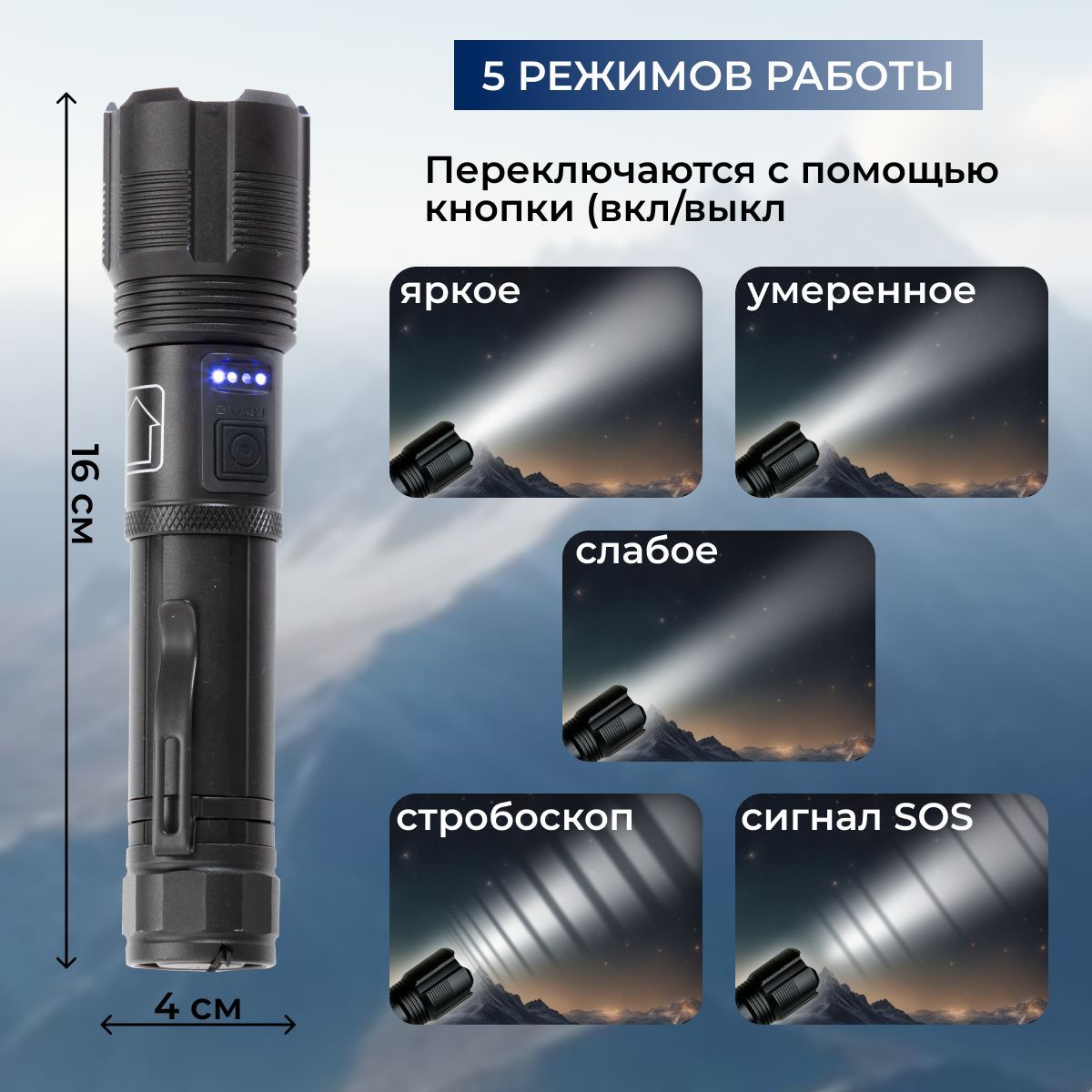 Фонарь аккумуляторный светодиодный мощный, фонарик туристический ручной ...