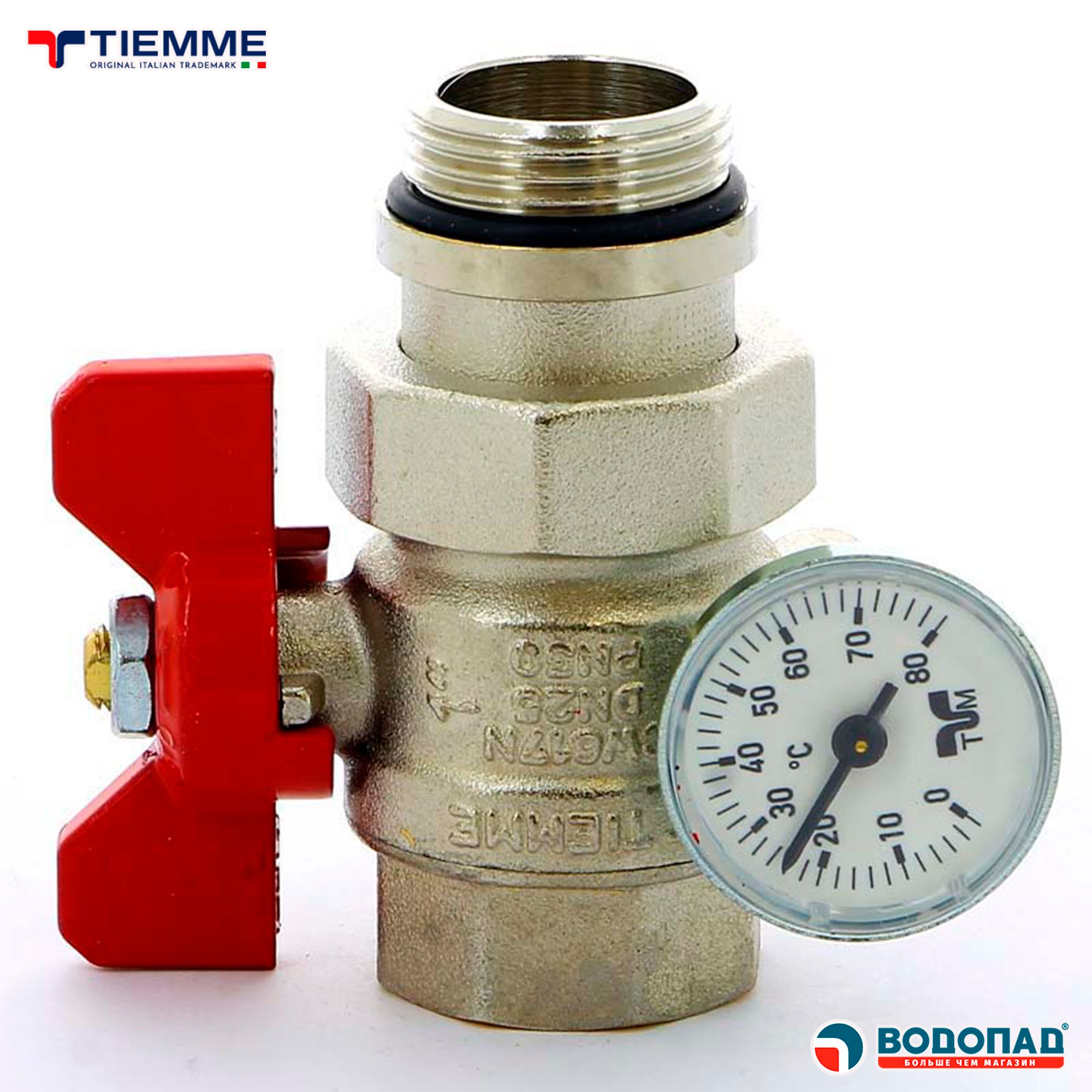Кран шаровый 1" Tiemme 2120043, со сгоном и термометром (красная ...