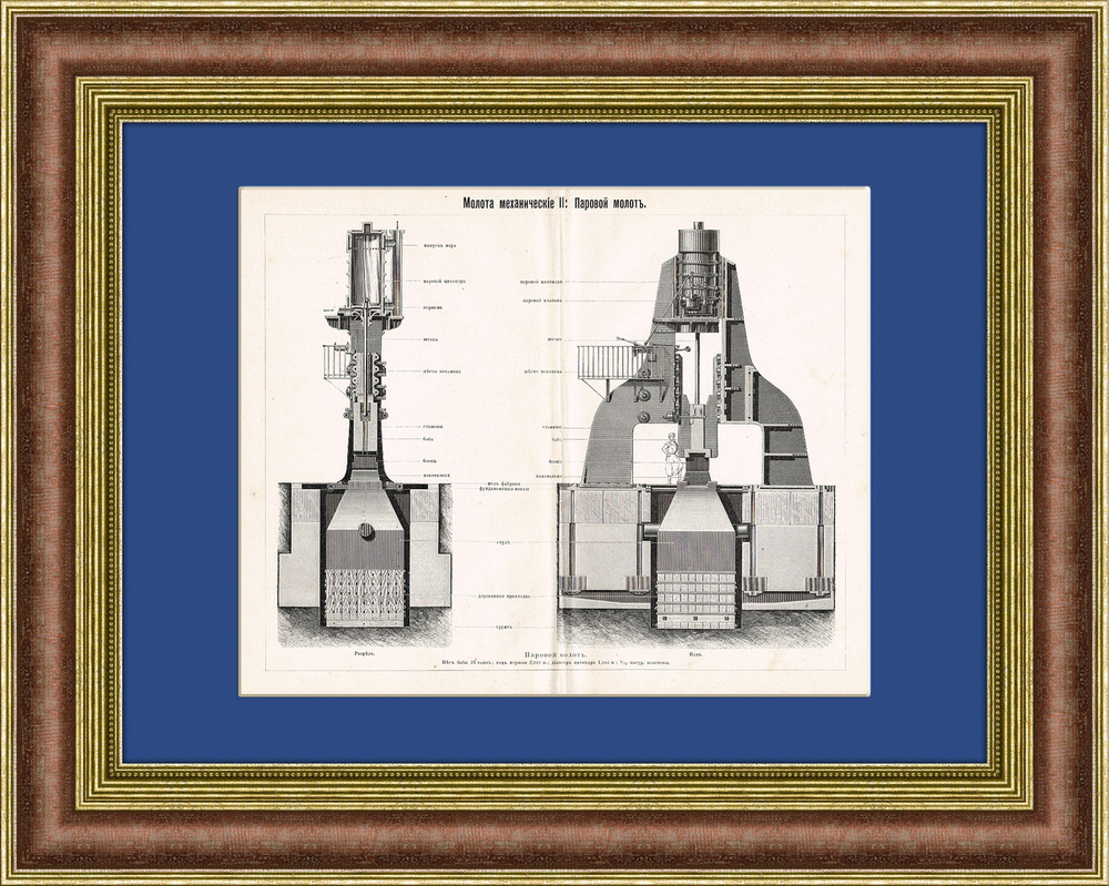Паровой молот: общий вид и конструкция, антикварная литография в раме  #1