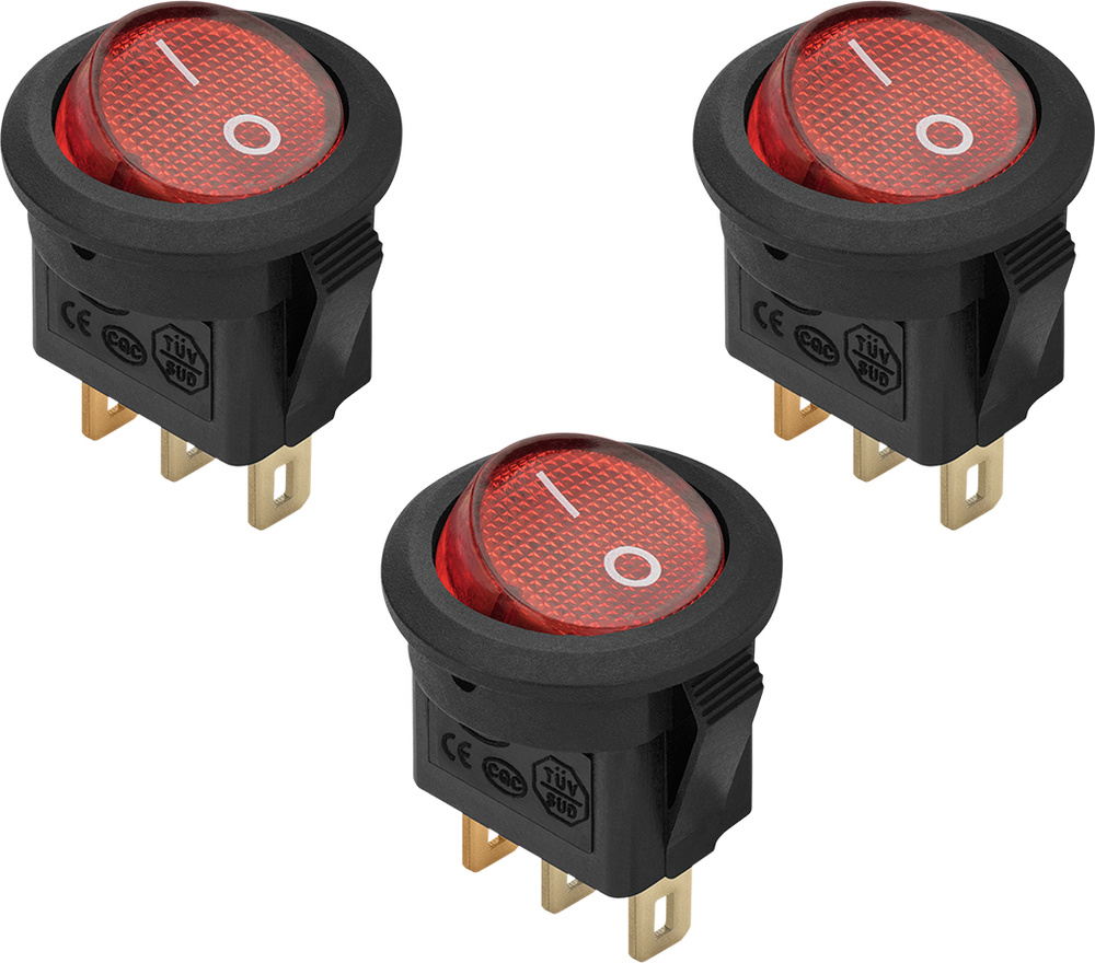 Выключатель клавишный MICRO красный с подсветкой 3 контакта, круглый ...