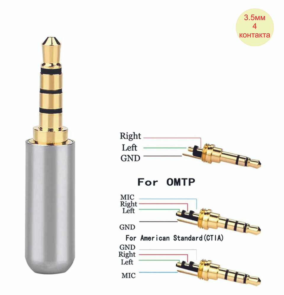 Штекер Audio Jack стерео 3.5мм 4 контакта, металлический корпус ...