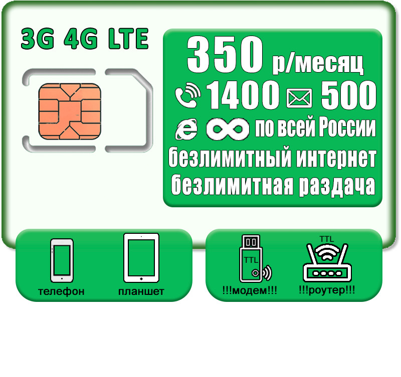 SIM-карта Безлимитный интернет, 1400 минут и 500 смс за 350 р/мес (Вся ...