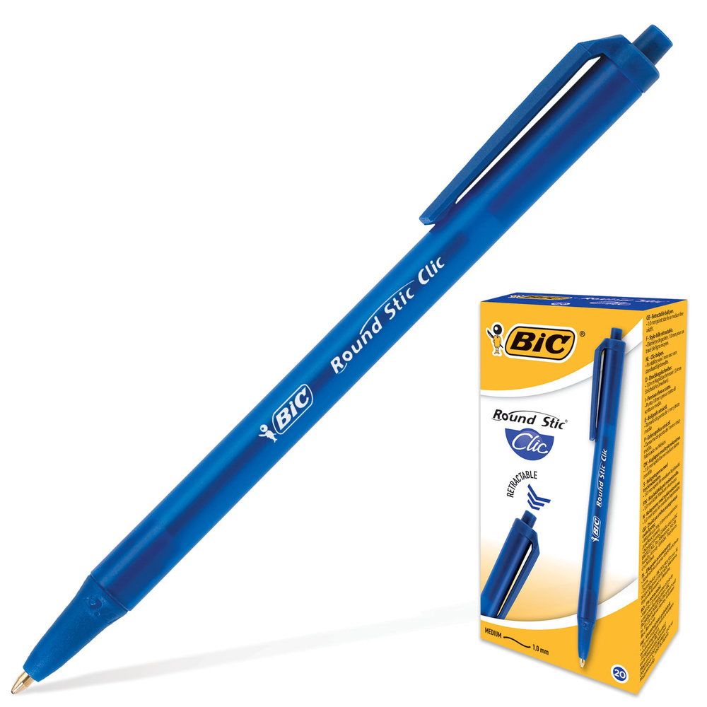 Комплект 10 шт. Ручка шариковая автоматическая BIC Round Stic Clic, СИНЯЯ, корпус тонированный синий, #1