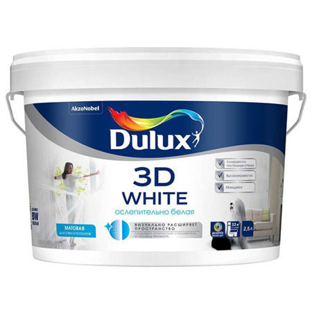 Краска DULUX 3D WHITE_BW Гладкая, Сополимерная дисперсия, Матовое ...