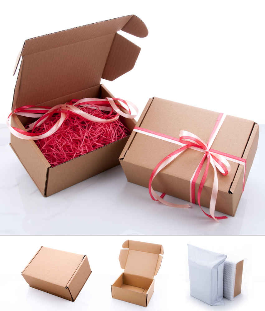 Крафтовая подарочная коробка (22 х 16,5 х 10 см) с наполнителем и лентой  #1