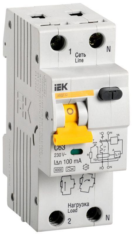 Выключатель автоматический дифференциального тока 2п (1P+N) C 63А 100мА тип A 6кА АВДТ-32 IEK MAD22-5-063-C-100 #1