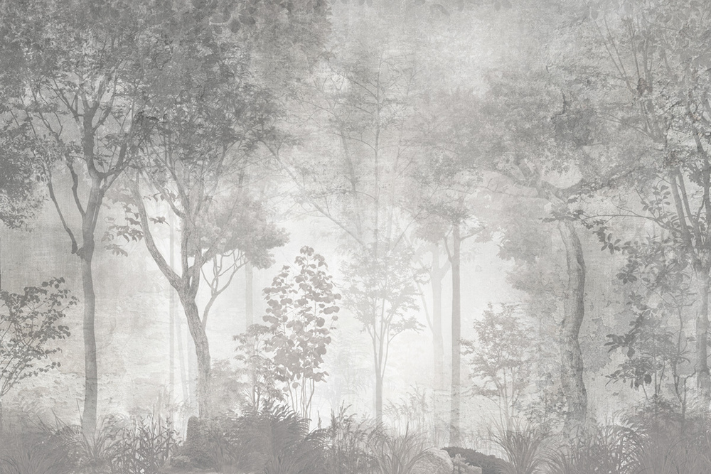 Фотообои флизелиновые на стену 3д GrandPik 26027 Лофт "Лес, деревья в тумане, винтаж, серые" (ШхВ), 400х270 #1