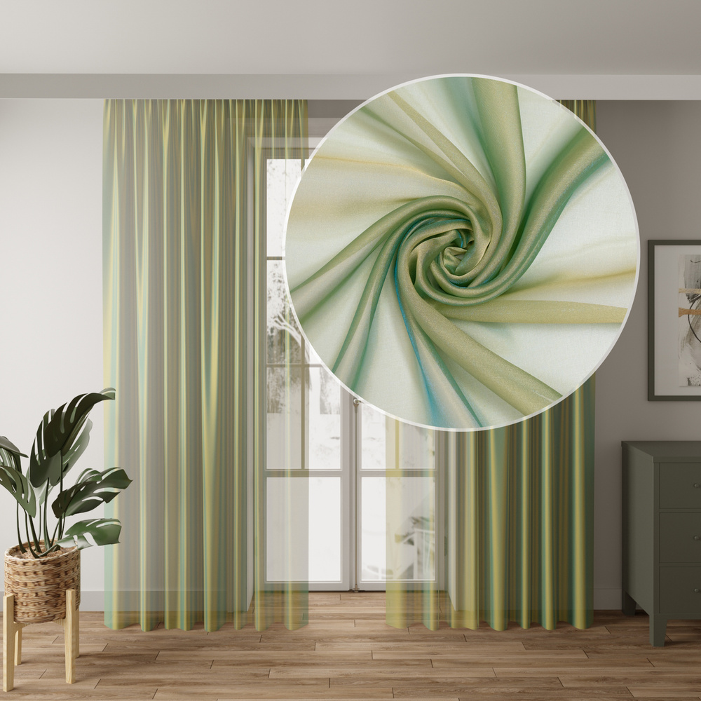 Тюль для комнаты Микровуаль р-р 400х250 цвет зеленый на шторной ленте  #1