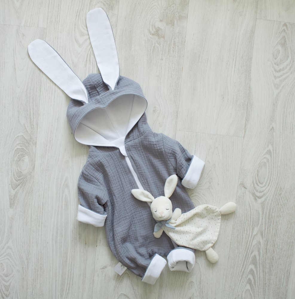 Комбинезон из муслина детский 68 размер, MAMINY ZAPISKY, серый, зайка ...