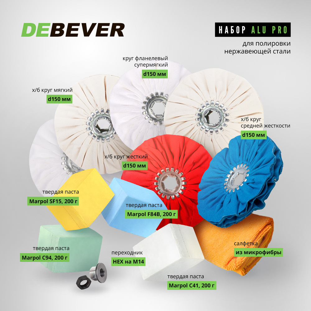 Набор для полировки алюминия / автомобильных дисков / полок DEBEVER Alu  Pro, 12 предметов